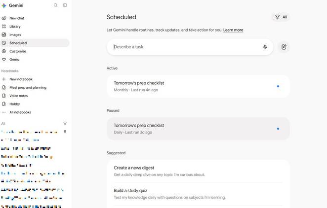 Screenshot of the Scheduled actions page in Gemini