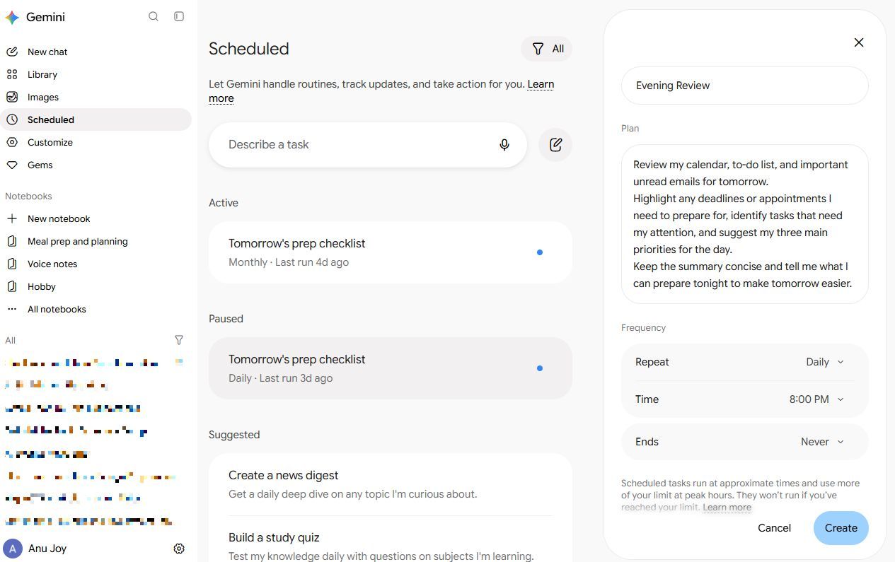 Screenshot showing how to create a Scheduled action in Gemini