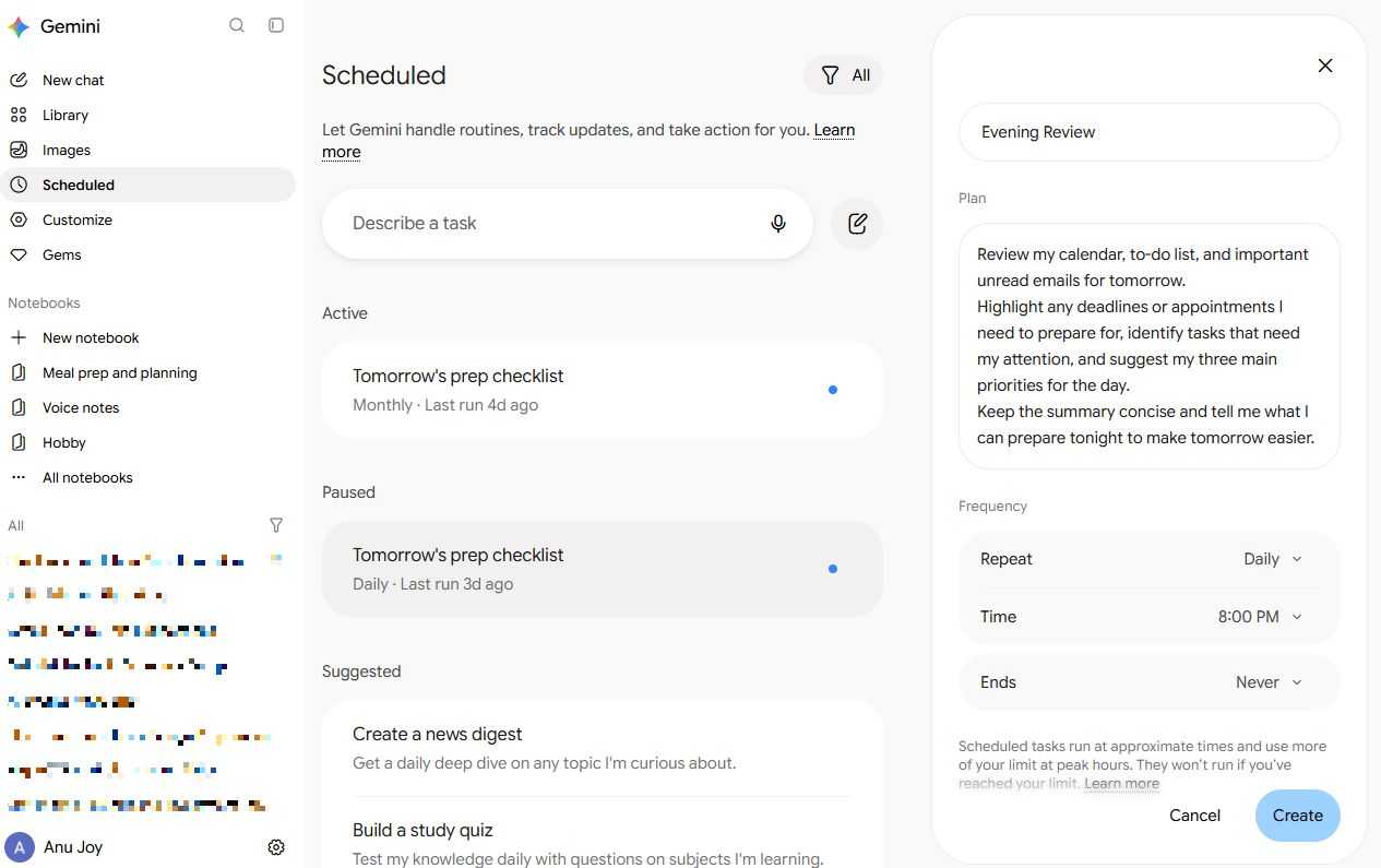 Screenshot showing how to create a Scheduled action in Gemini