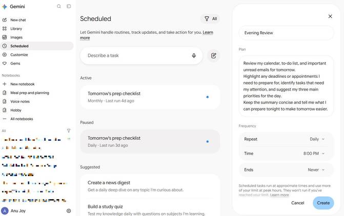 Screenshot showing how to create a Scheduled action in Gemini