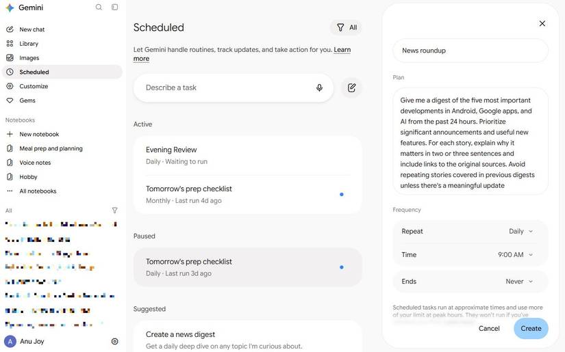 Screenshot showing the news roundup scheduled action in Gemini