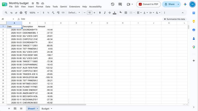 Google Sheets spreadsheet showing columns of data.