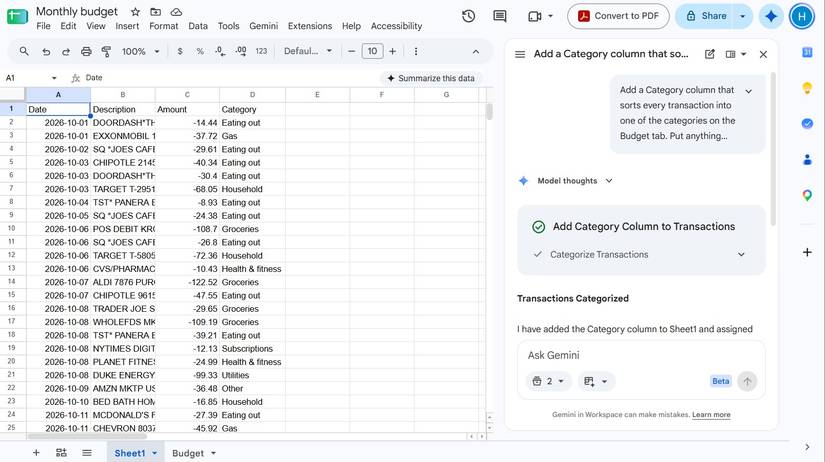 Google Sheets spreadsheet showing columns of data and the Gemini sidebar.