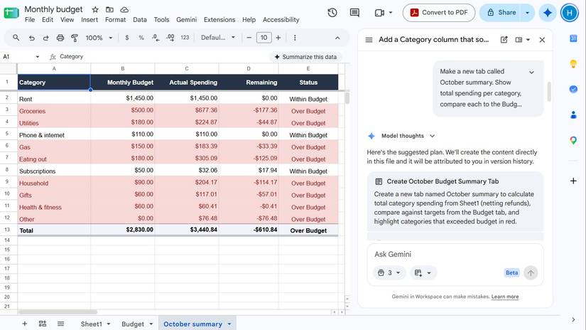 Google Sheets spreadsheet showing rows of data and the Gemini sidebar.