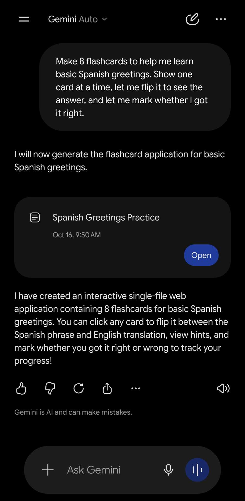 Gemini chat showing a prompt for a flashcard review of Spanish greetings and part of the results.