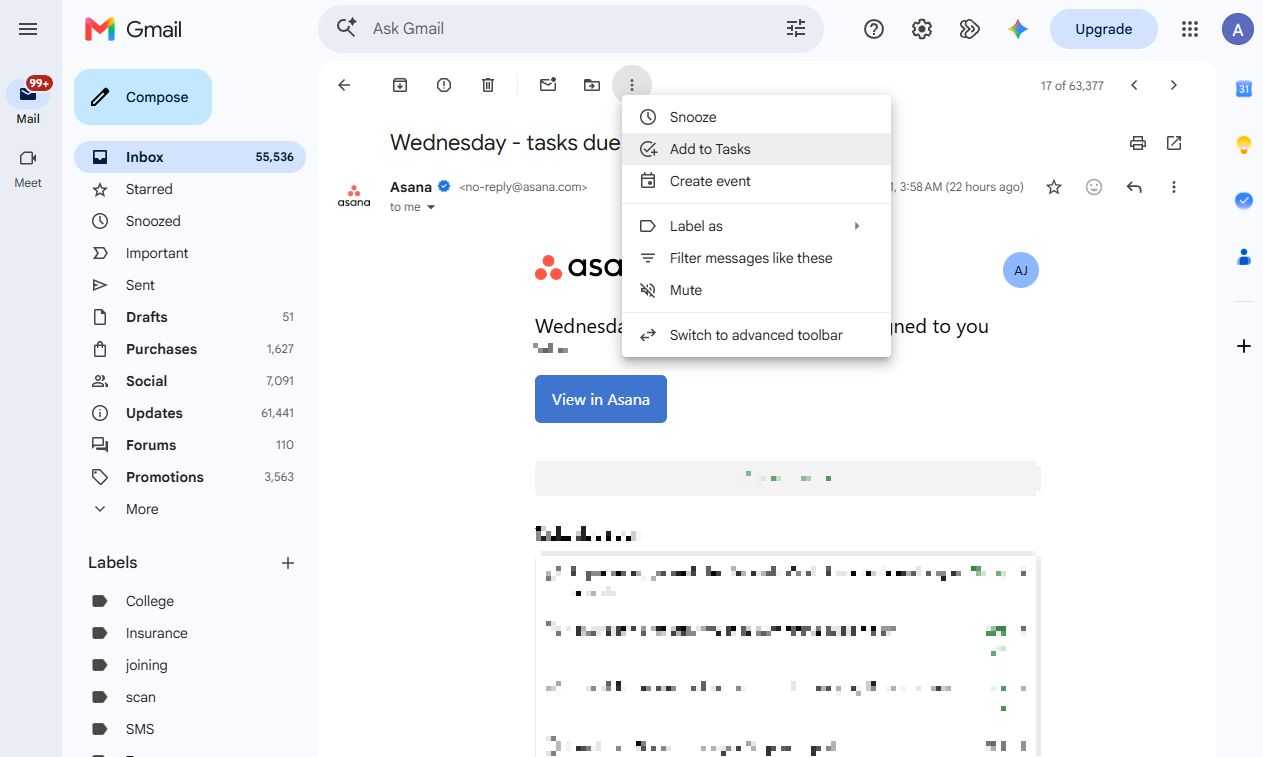 Screnshot showing how to add a task in Gmail