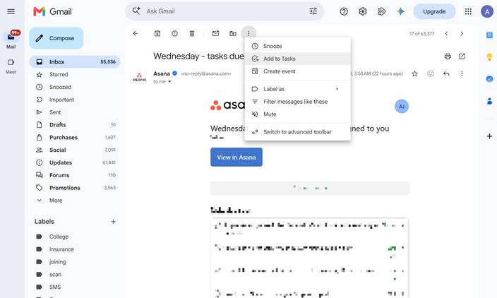 Screnshot showing how to add a task in Gmail