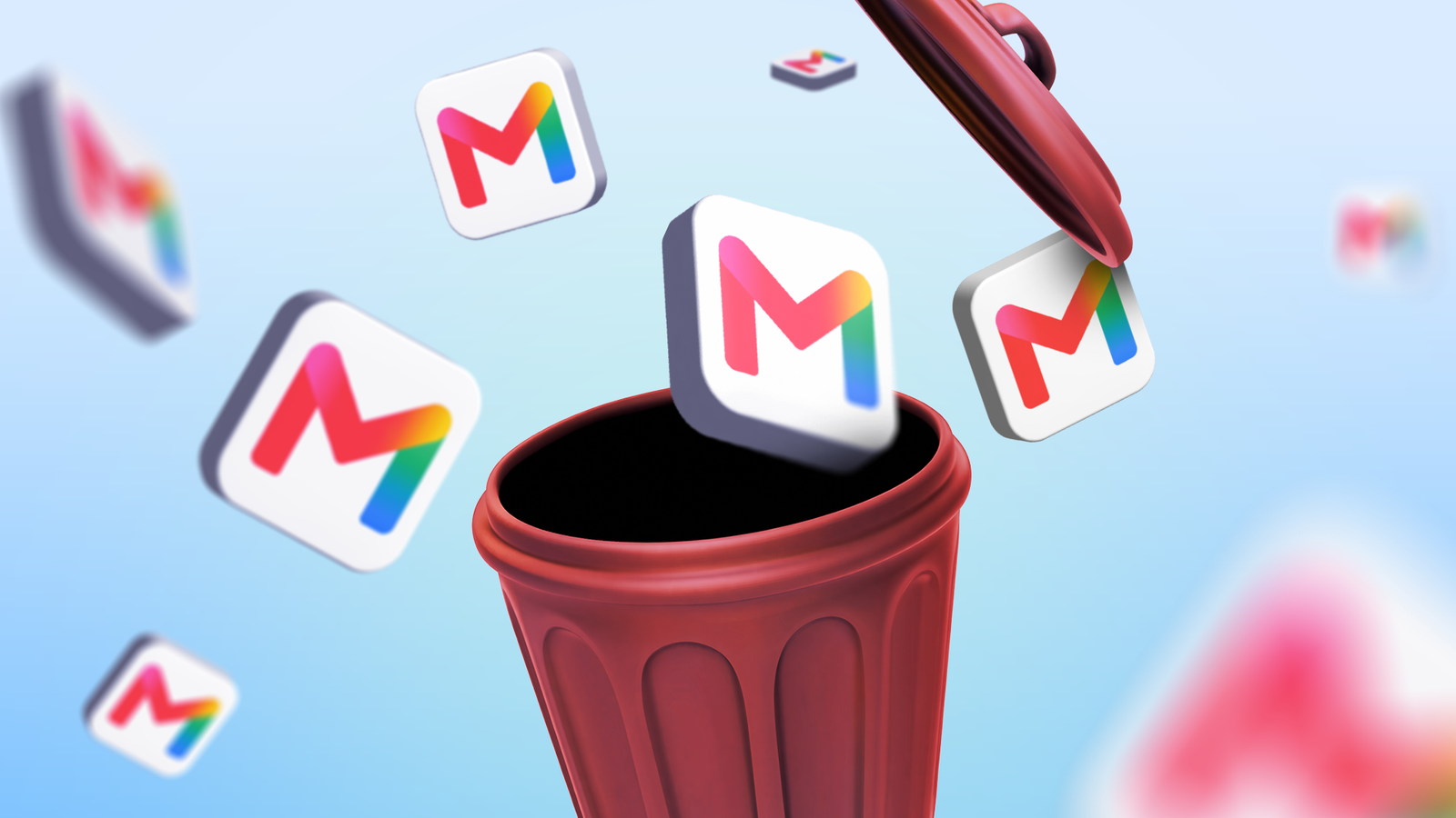 Gmail icons being thrown into a trash can