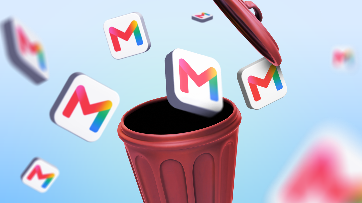 Gmail icons being thrown into a trash can