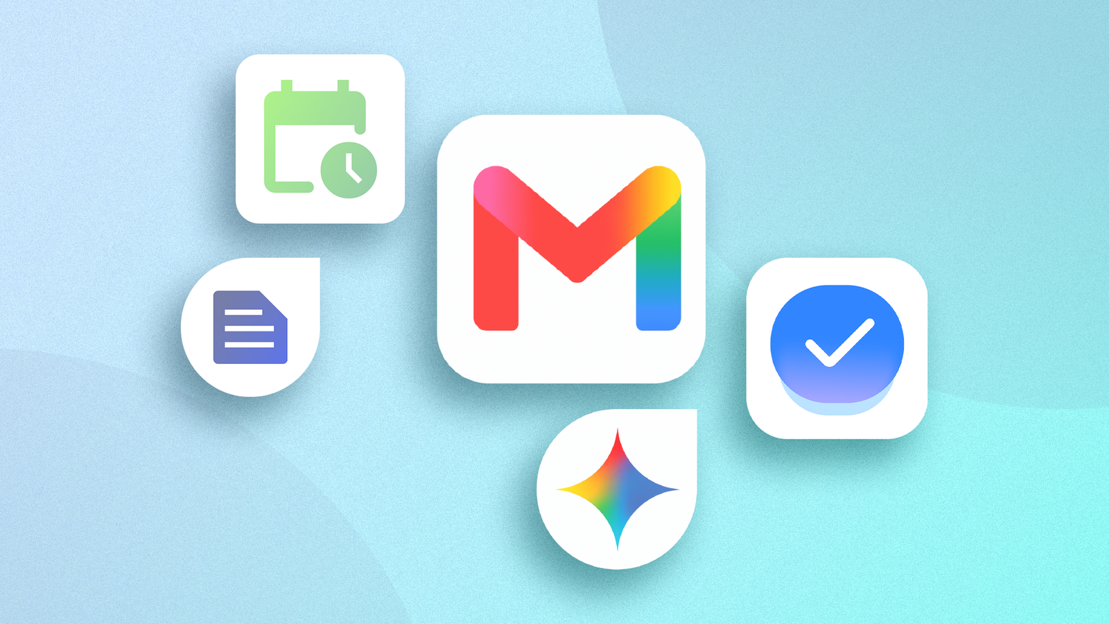 Gmail logo surrounded by floating productivity icons on a light blue background