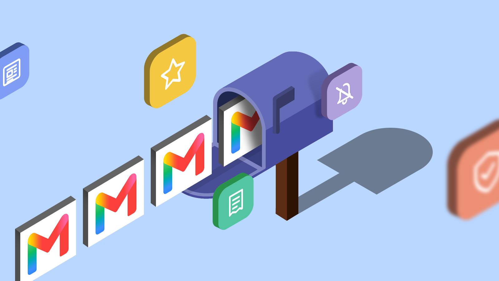 Gmail messages entering a mailbox surrounded by colorful email filter icons.