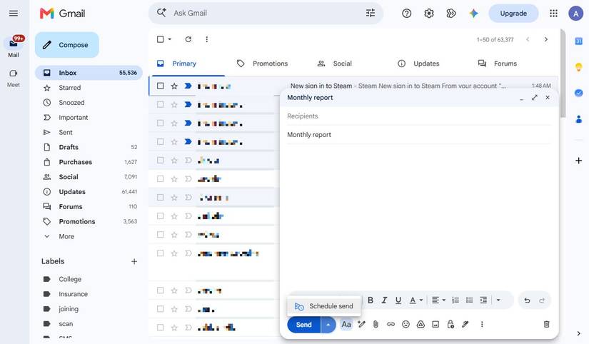 Screenshot showing the Schedule send option in Gmail