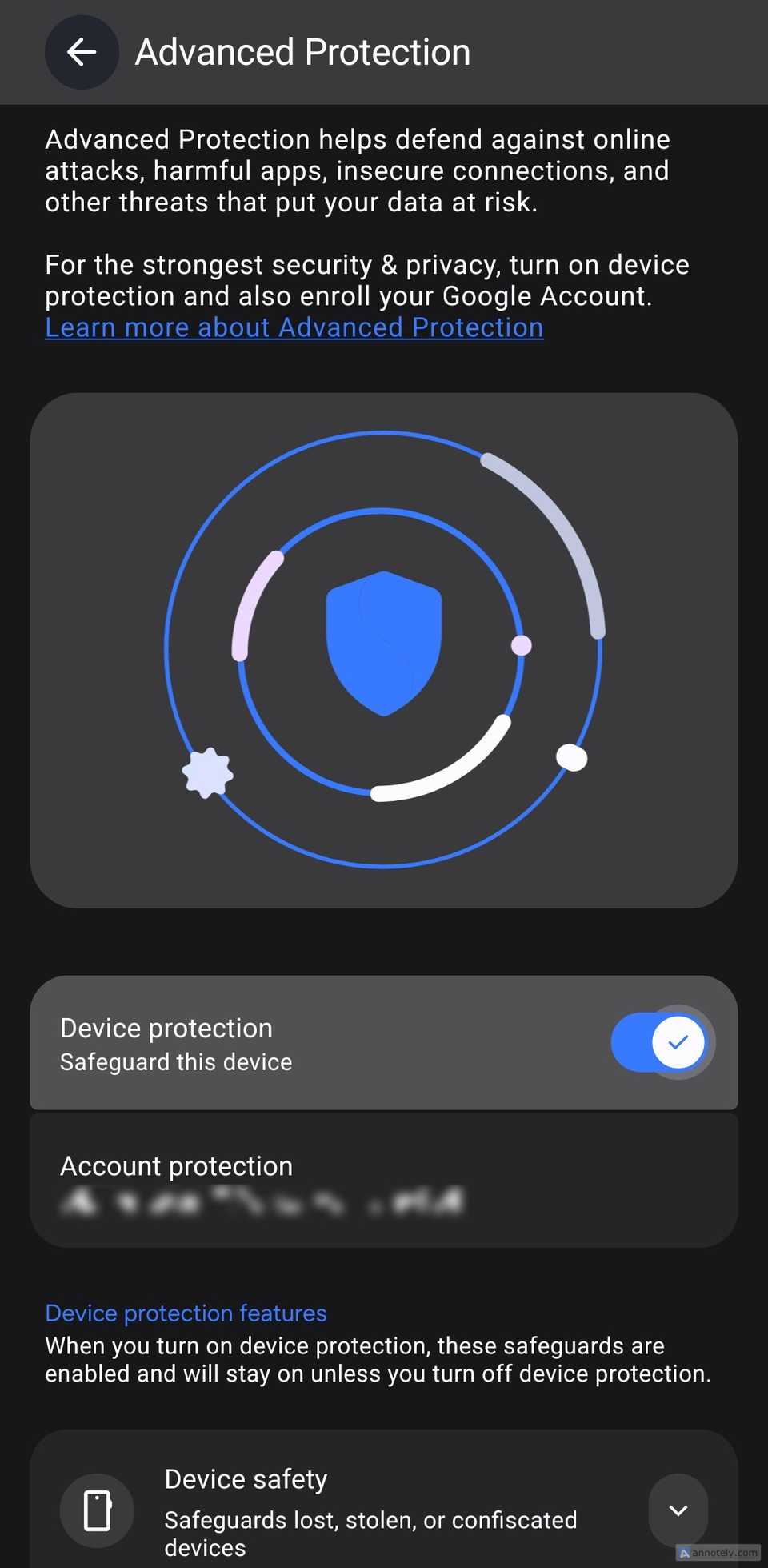 Pagina Protezione avanzata dei servizi Google con Protezione del dispositivo abilitata.