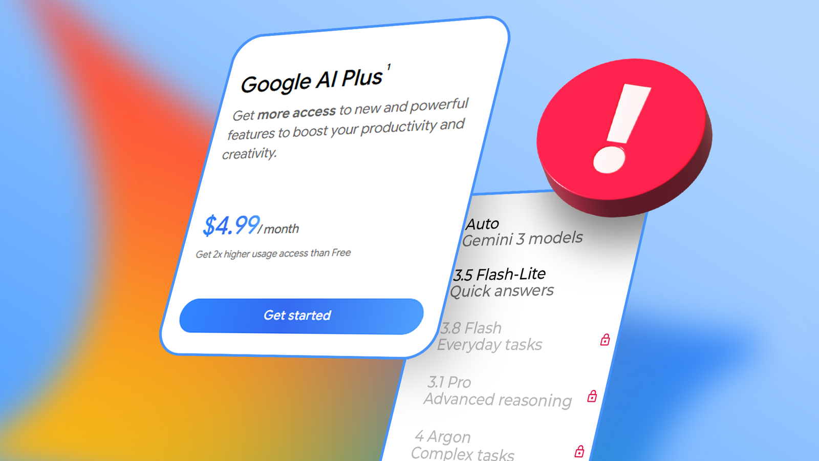 Google AI Plus subscription card beside a Gemini model selection menu with locked models and a red warning icon.