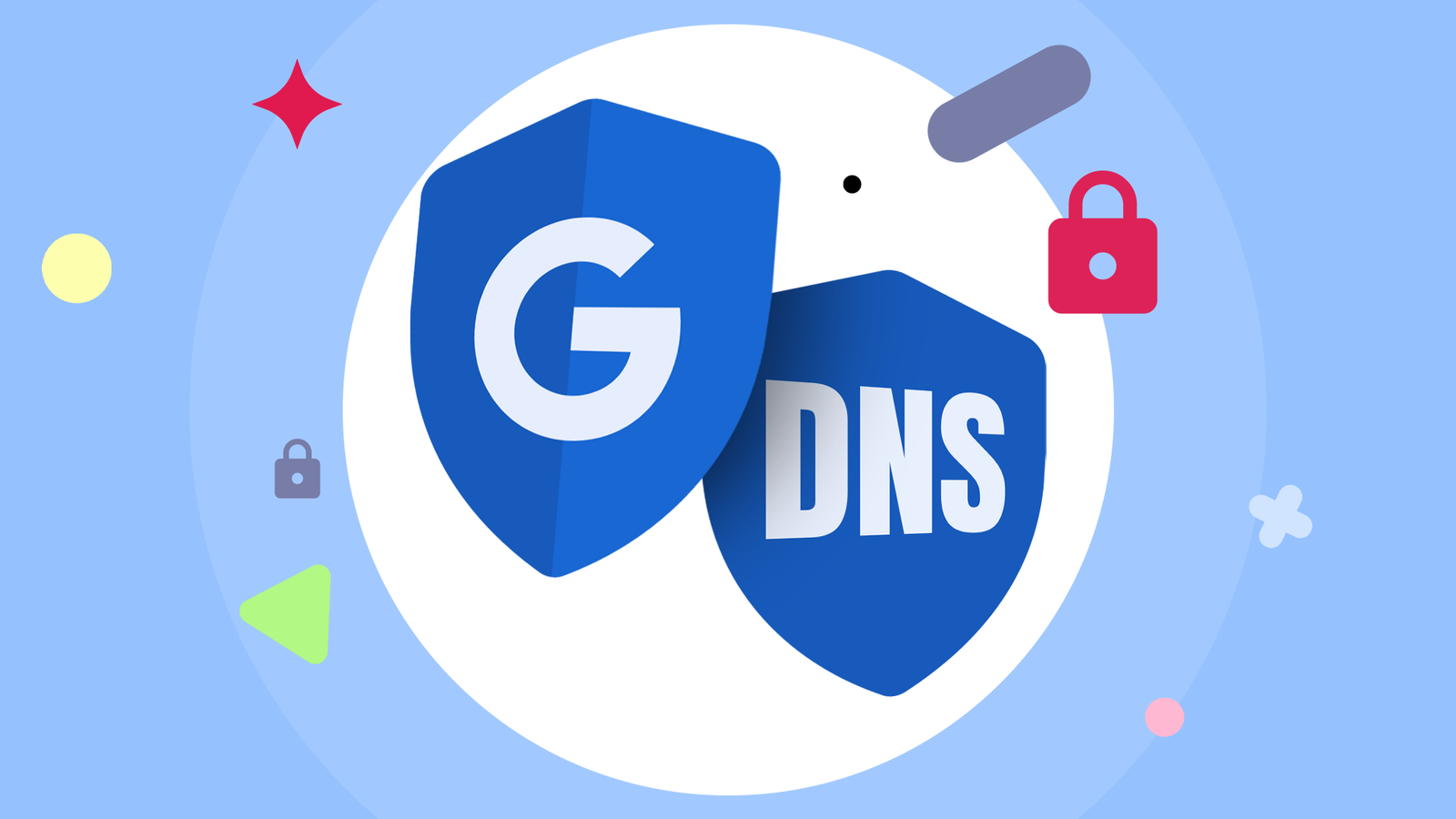 Google and DNS security shields surrounded by padlock icons on a blue background.