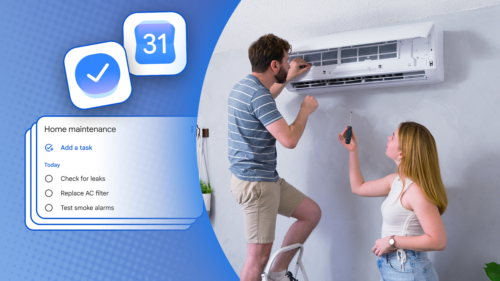 Google Calendar and Tasks icons beside a home maintenance checklist, with two people servicing an air conditioner