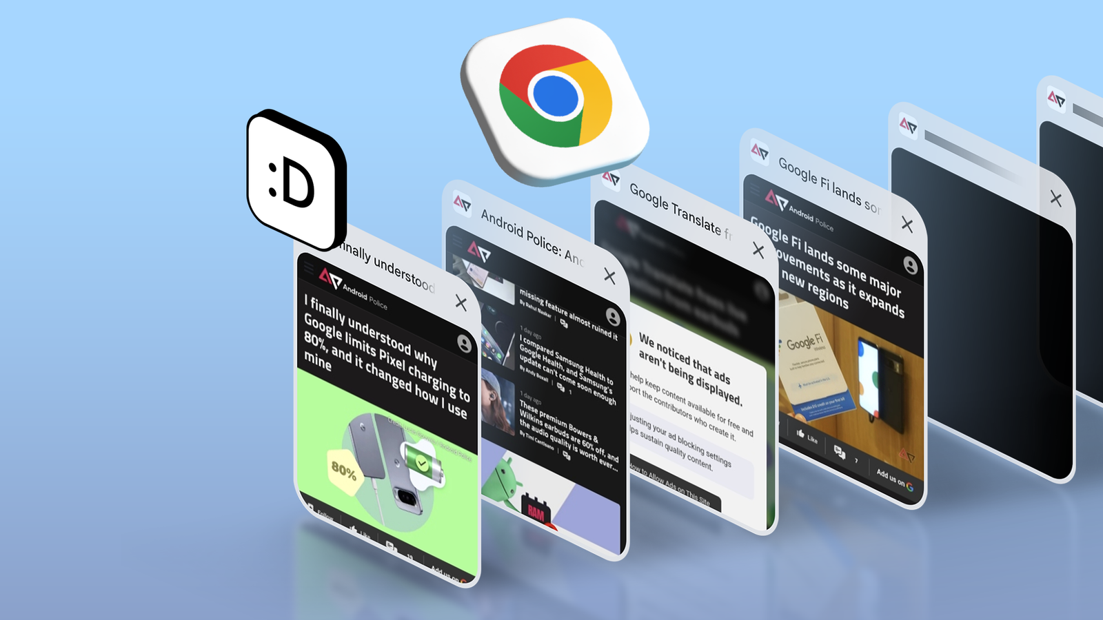 Google Chrome logo above multiple floating browser tabs, with a smiley tab counter icon on a blue background.