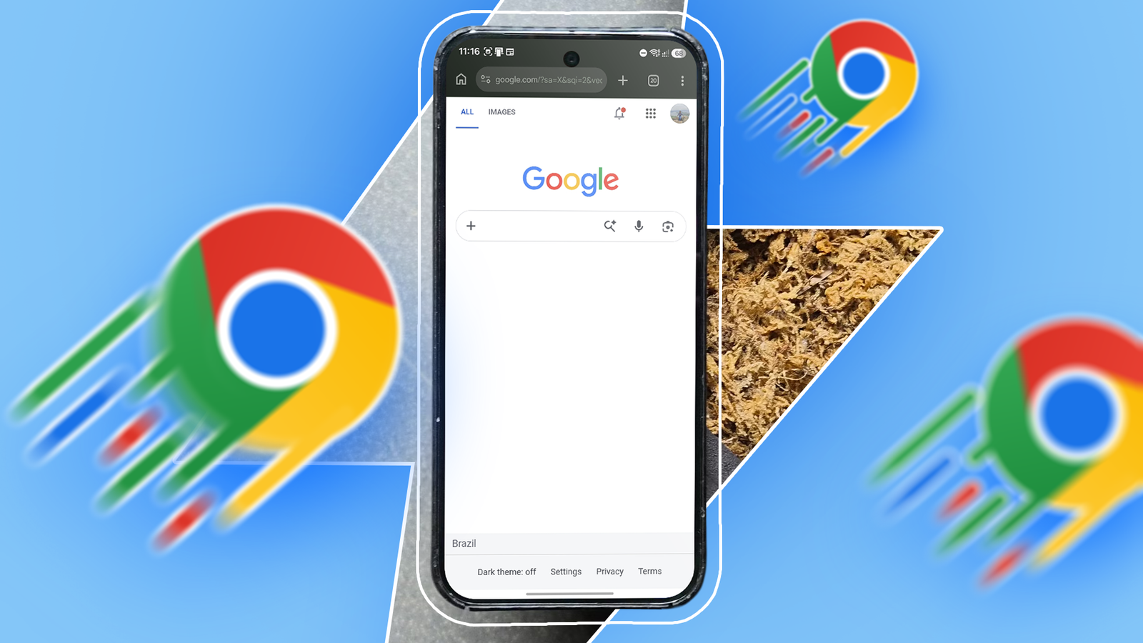 Google Chrome open on an Android smartphone, surrounded by speeding Chrome logos on a blue background.