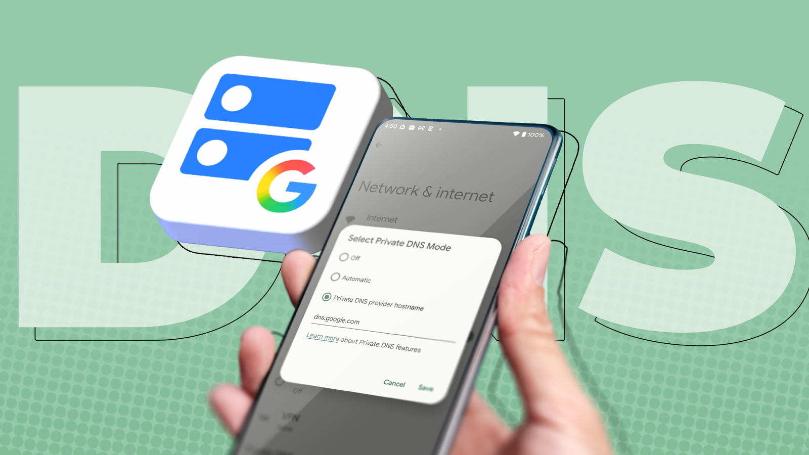 Google DNS logo beside an Android smartphone displaying Private DNS settings.