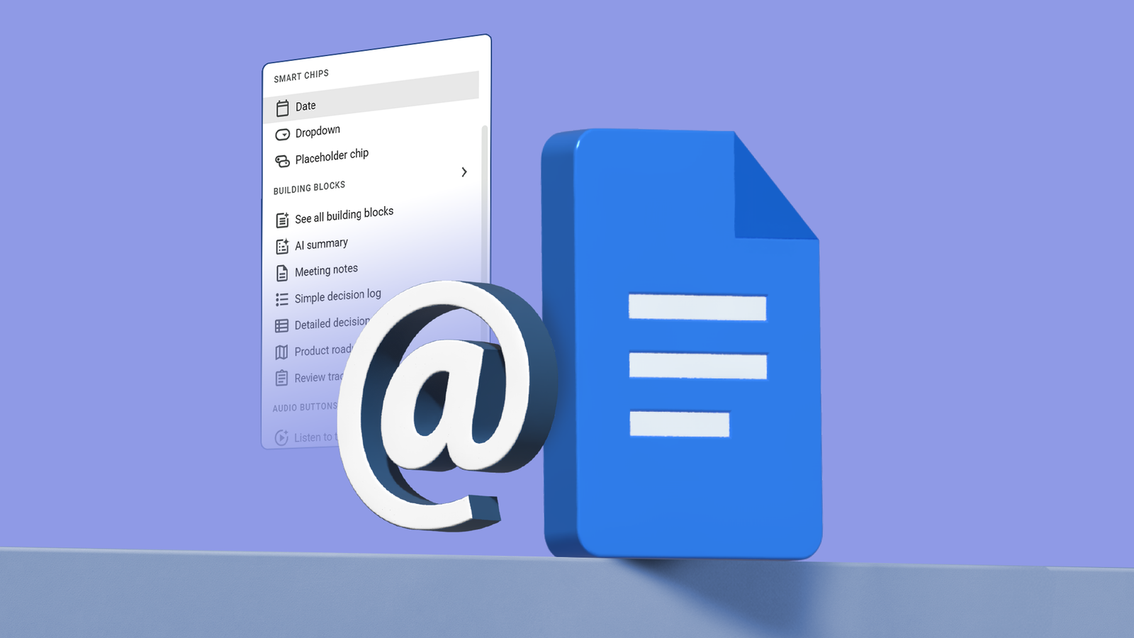 Google Docs logo beside an @ symbol and the smart chips menu.