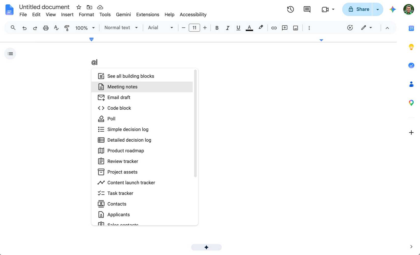 Панель инструментов Google Docs с функцией вставки умных блоков
