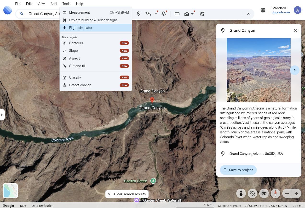 Screenshot showing the Flight simulator option in Google Earth 