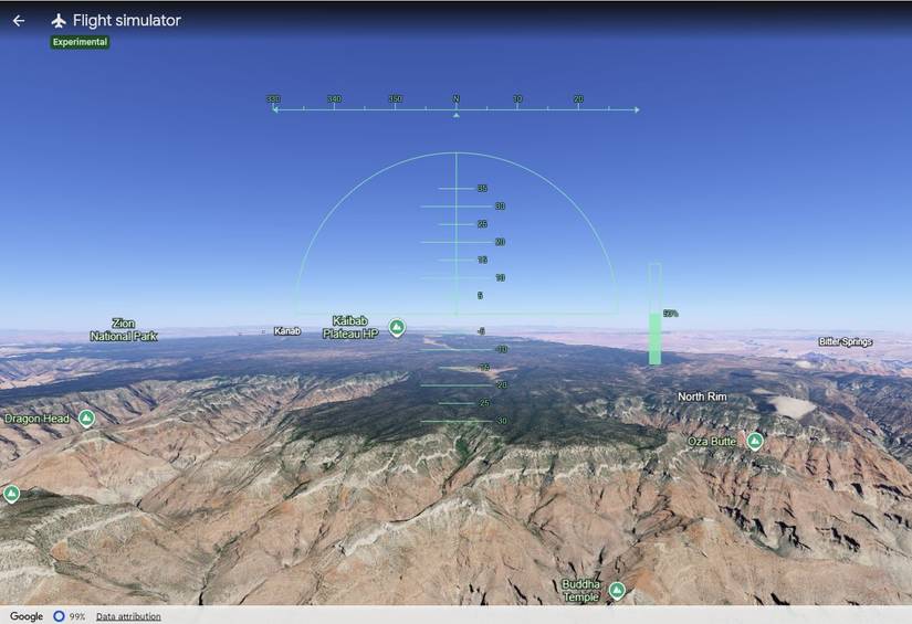 Screenshot showing the Google Earth Flight simulator