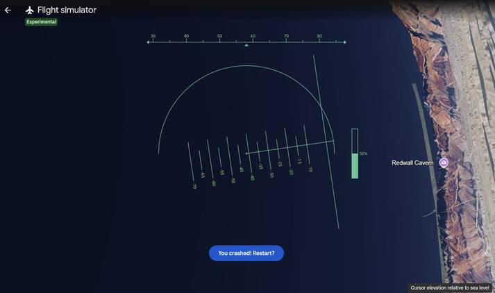 Screenshot showing 'You crashed!' in Google Earth Flight simulator