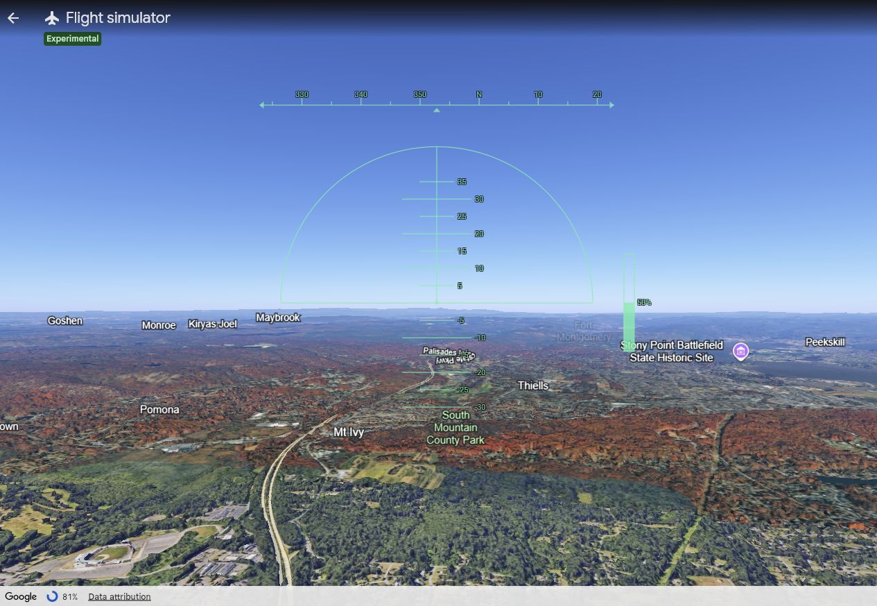 Screenshot showing Google Earth Flight simulator exploring New York