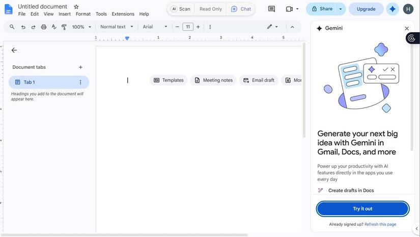 Blank Google Docs' document with Gemini sidebar open and showing the 'Try it now' button.
