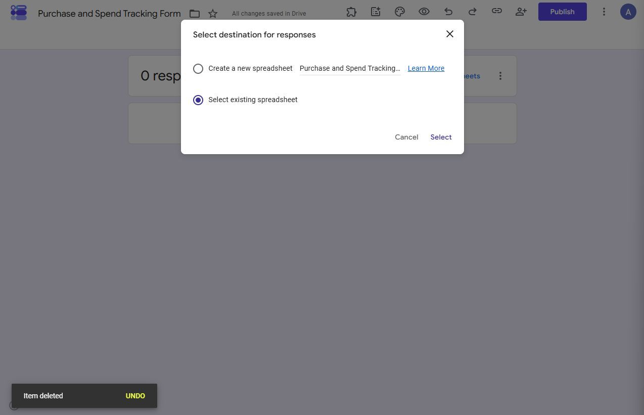 Screenshot showing how to link a form to a sheet in Google Forms