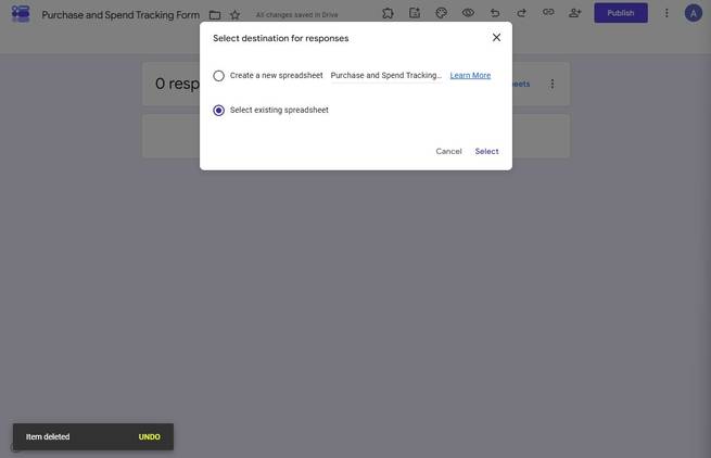 Screenshot showing how to link a form to a sheet in Google Forms
