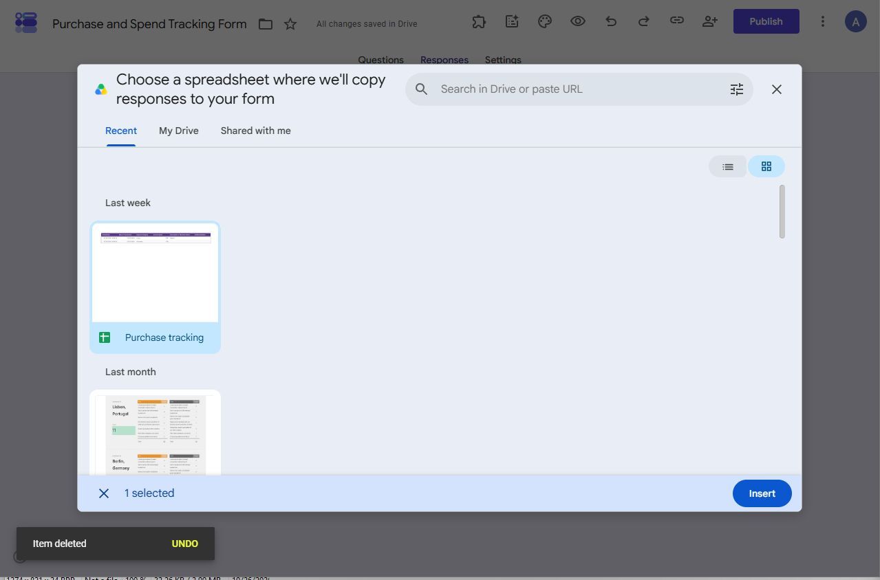 Screenshot showing how to link a form and Google Sheets