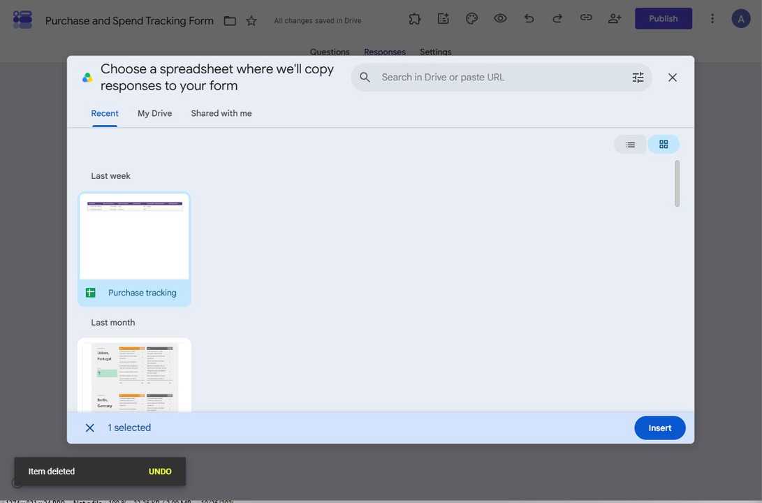 Screenshot showing how to link a form and Google Sheets