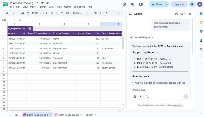 Screeenshot showing Google Sheets expense tracker