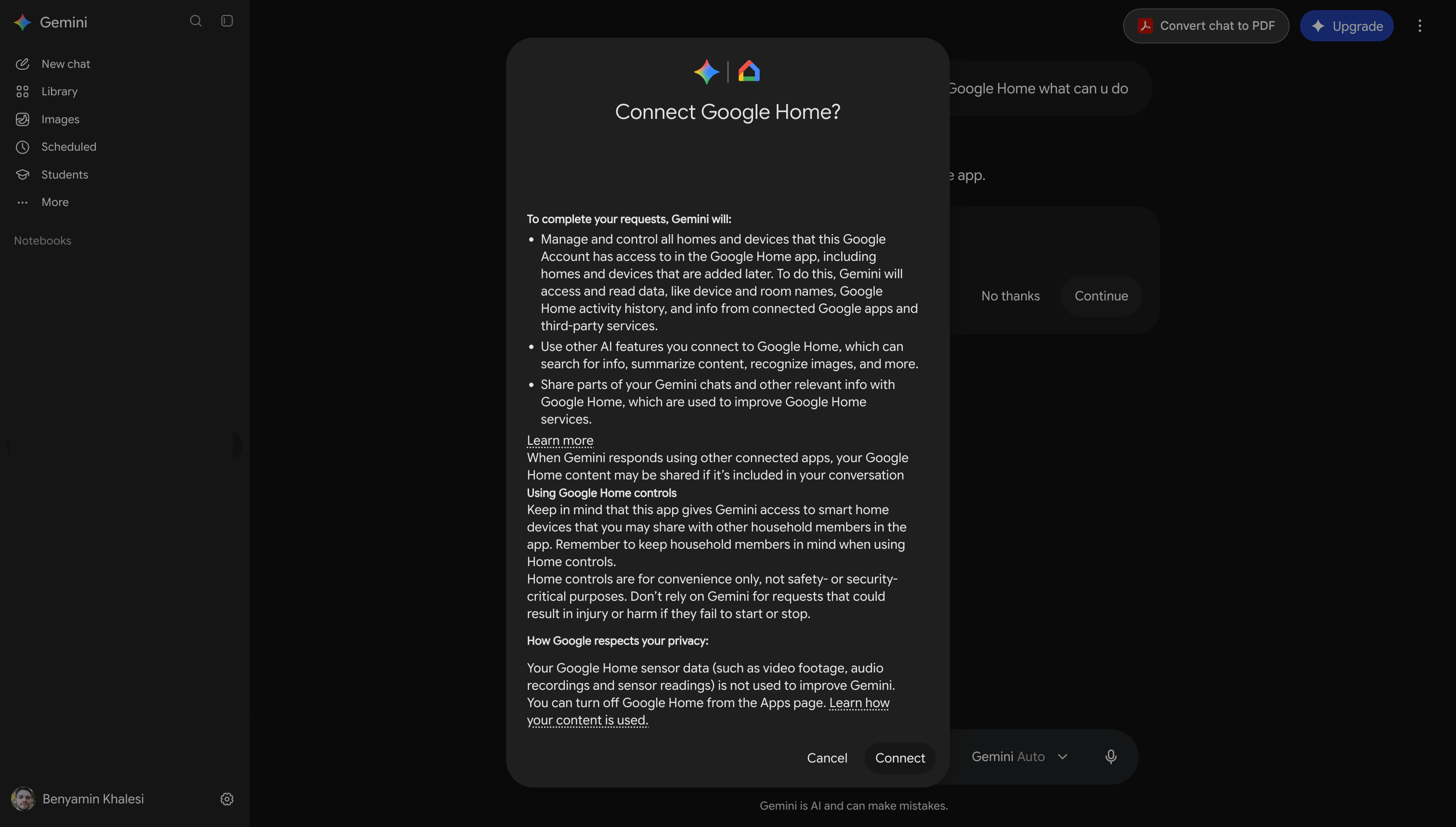 Adding Google Home connector to Gemini and accepting terms and conditions