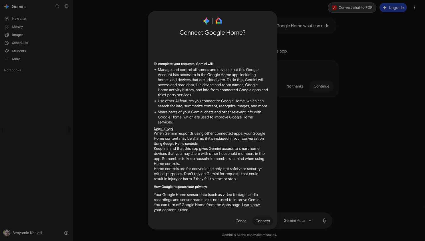 Adding Google Home connector to Gemini and accepting terms and conditions