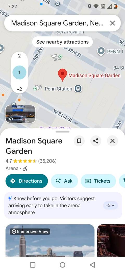 Screenshot showing indoor maps of Madison Square Garden in Google Maps