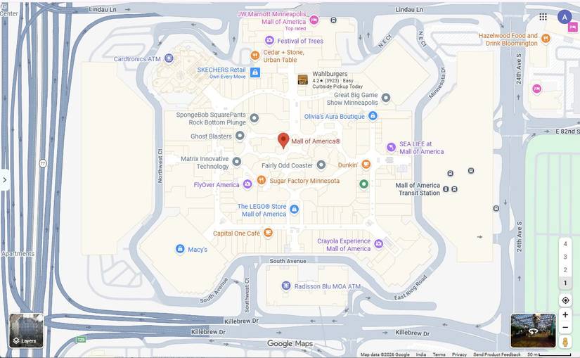 Screenshot showing indoor map of Mall of America in Google Maps