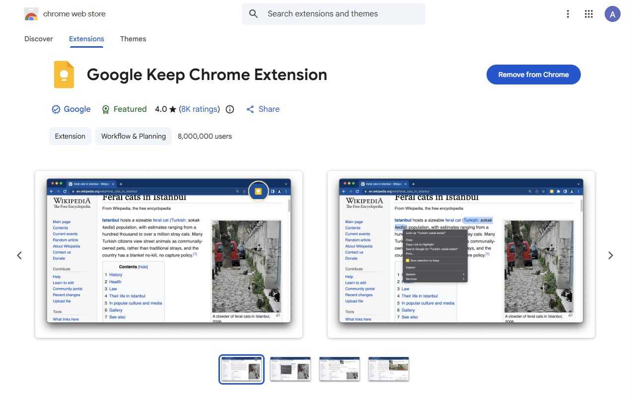 Screenshot showing the Google Keep Chrome extension