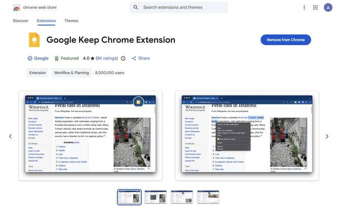 Screenshot showing the Google Keep Chrome extension