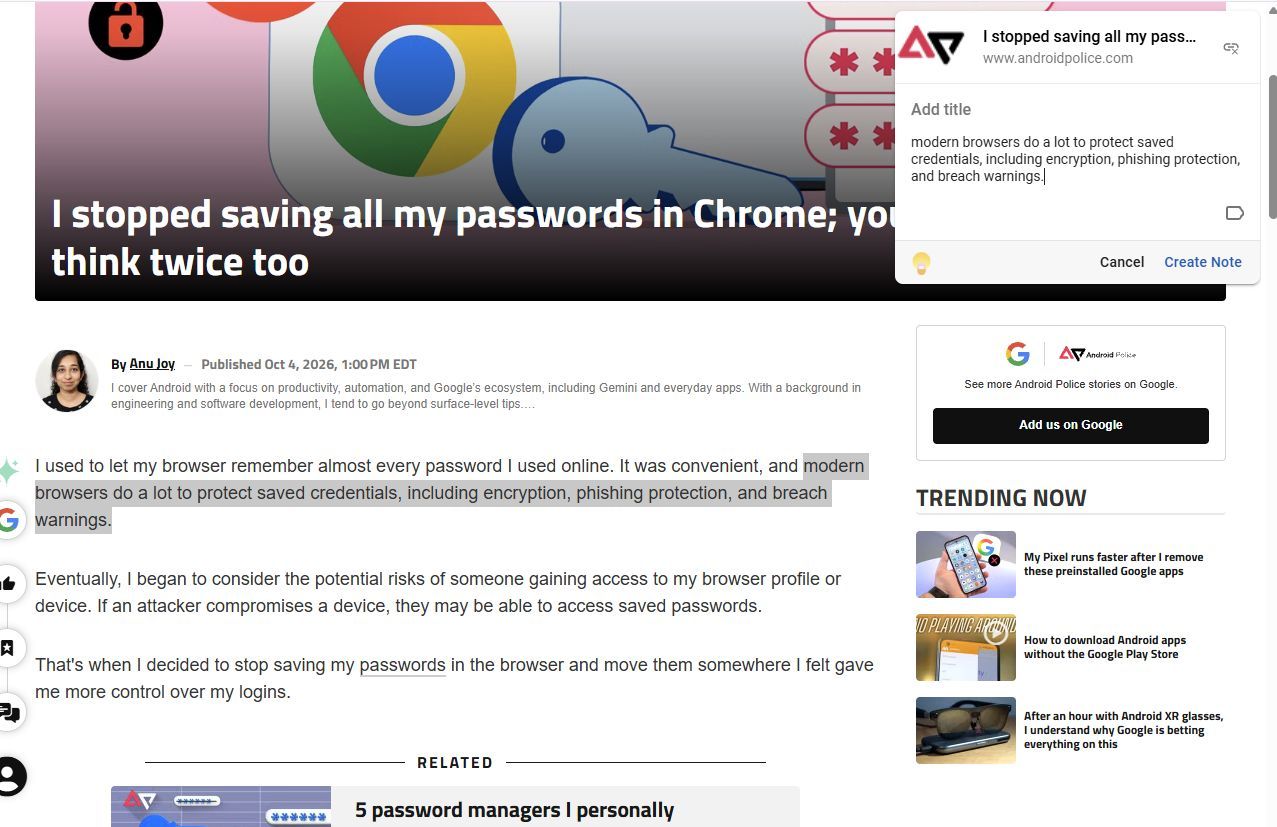 Screenshot showing the Google Keep Chrome extension saving a note