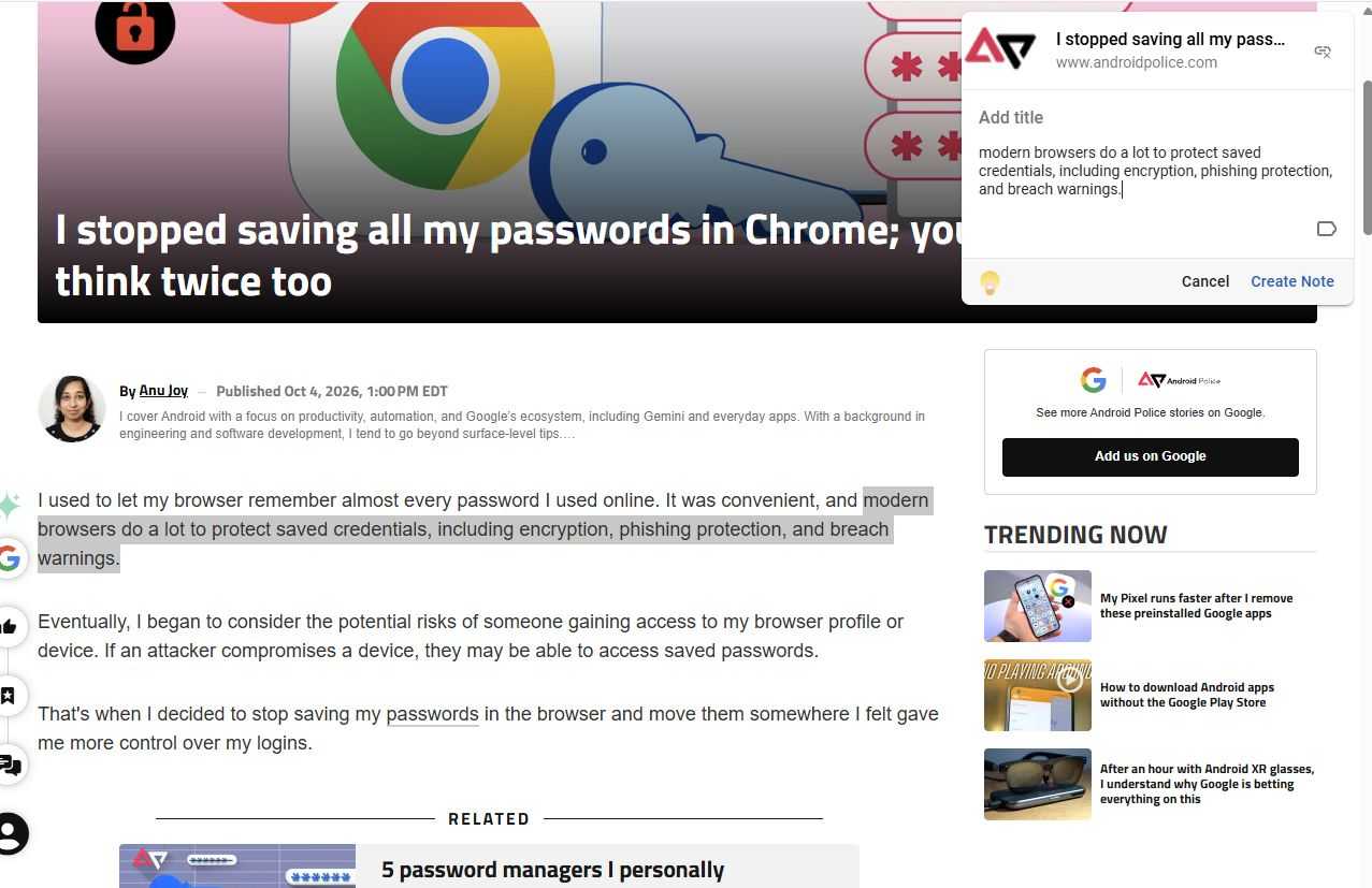 Screenshot showing the Google Keep Chrome extension saving a note