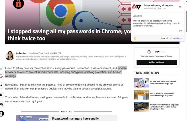 Screenshot showing the Google Keep Chrome extension saving a note