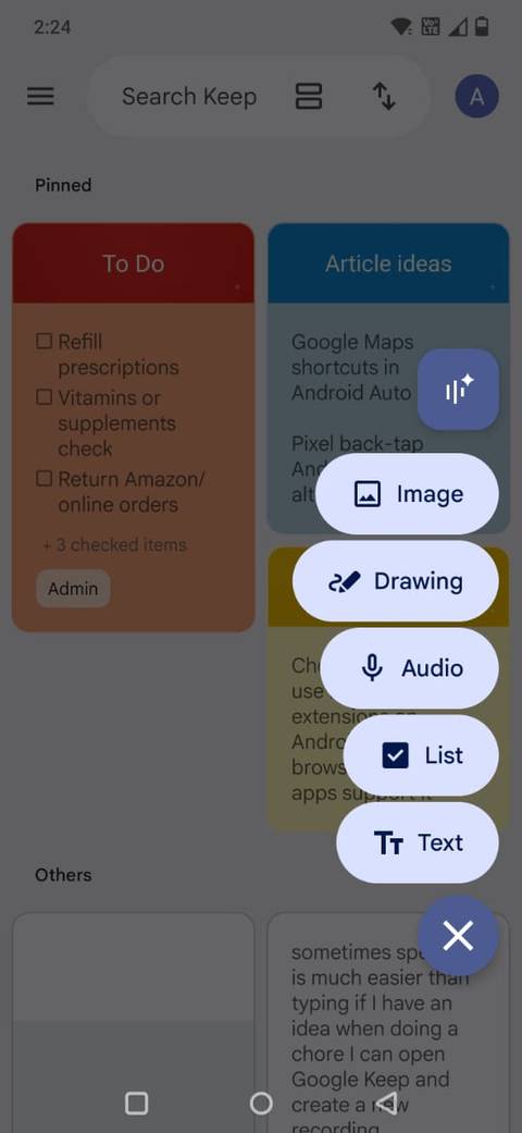 Screeenshot showing the Drawing option in Google Keep
