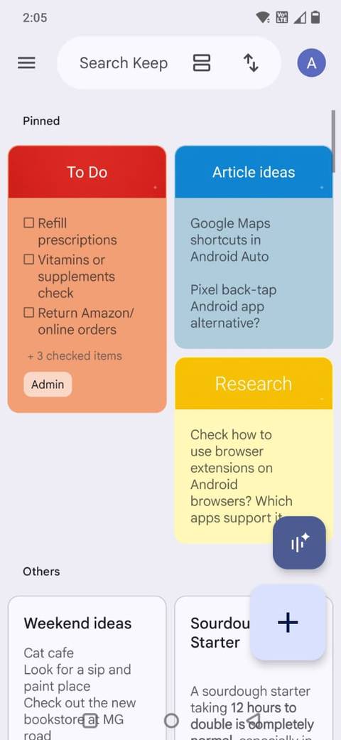 Screenshot showing custom headers in Google Keep