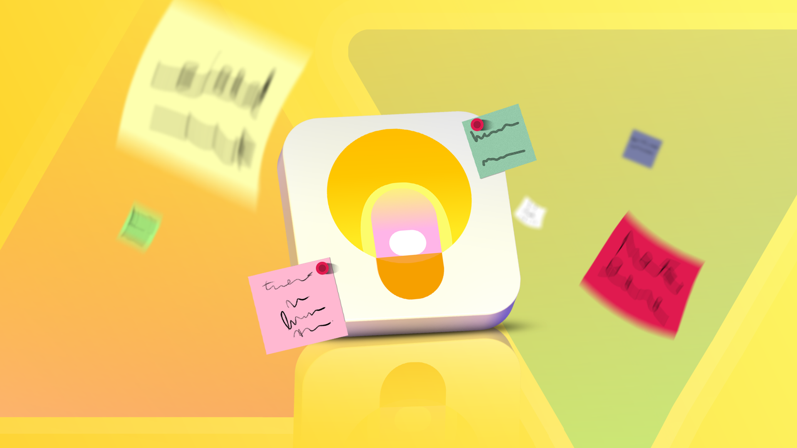 Google Keep logo surrounded by floating sticky notes.