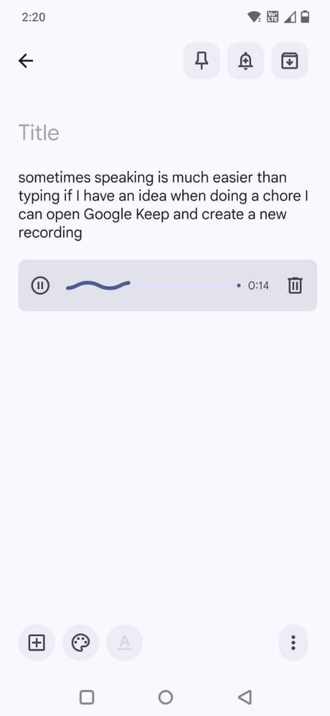 Screenshot che mostra la trascrizione della registrazione vocale in Google Keep
