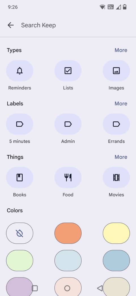 Screenshot showing search options in Google Keep