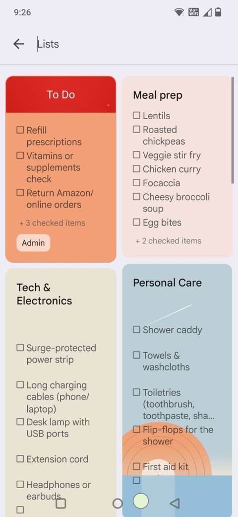 Screenshot showing only lists in Google Keep